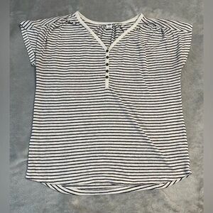 Old Navy Striped Black and White Linen-Blend Henley Top
